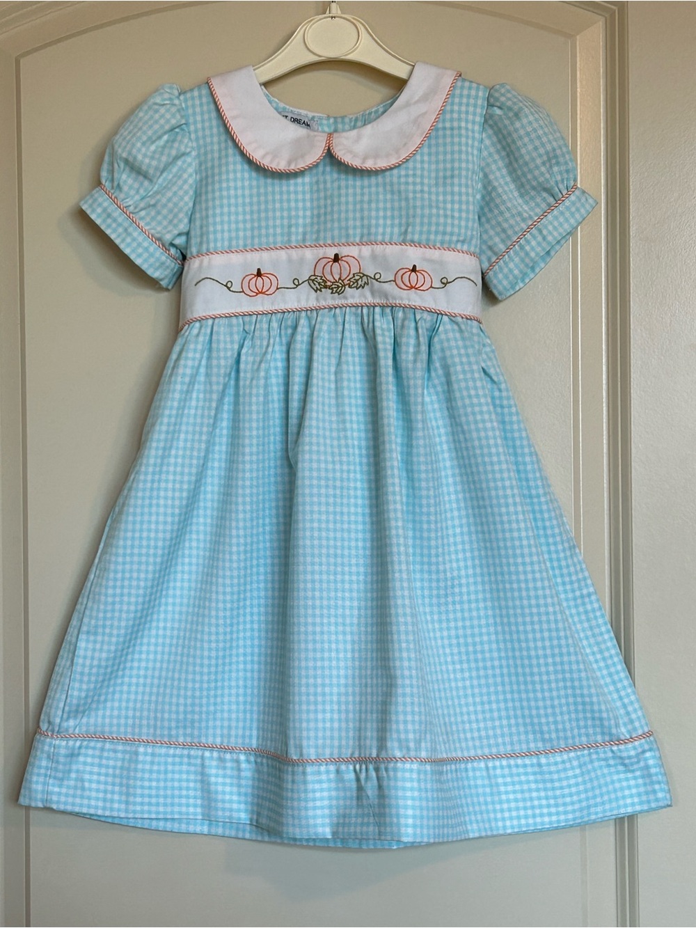 Sz3 Sweet Dream Light Blue Gingham Pumpkin Embroidered Dress